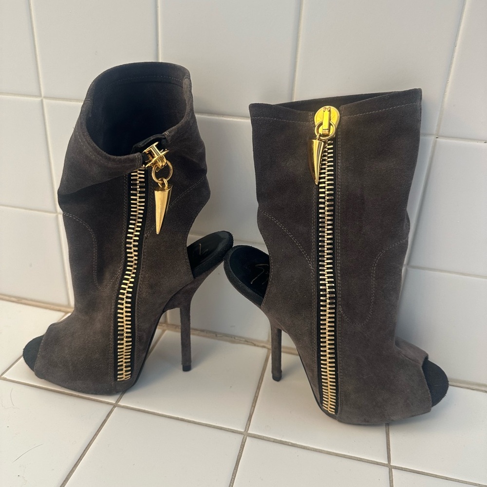 Giuseppe Zanotti Black Suede Peep-Toe Stiletto Booties with Gold Zipper